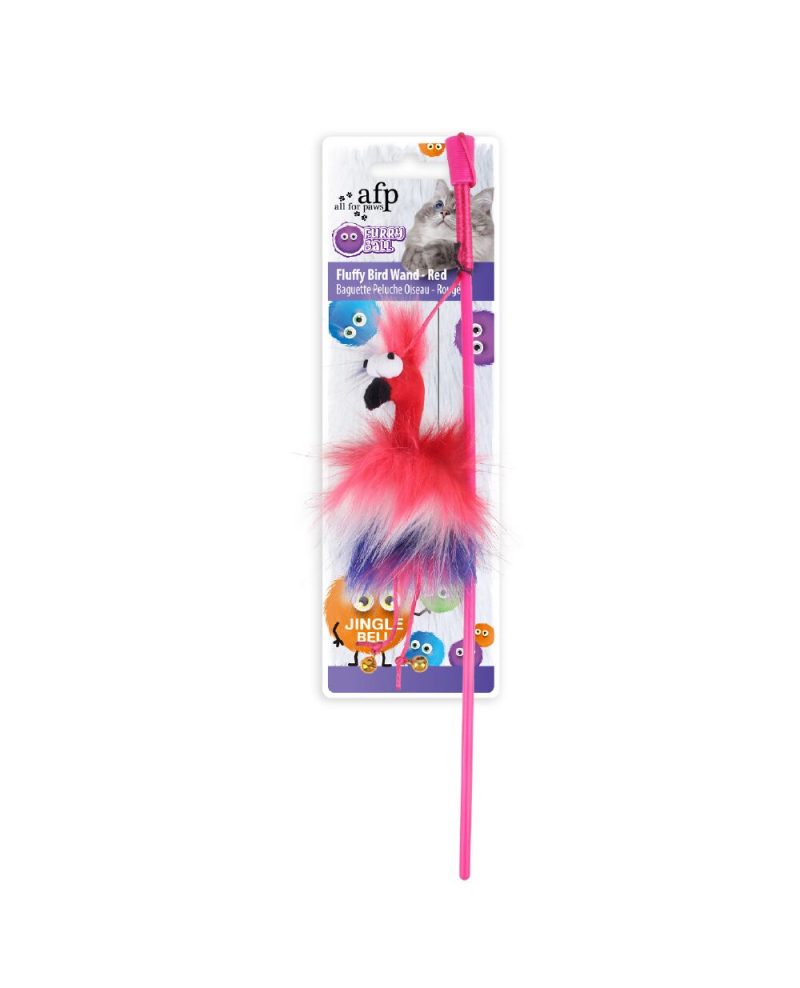 AFP Cat Toy Furry Ball Bird Wand Red